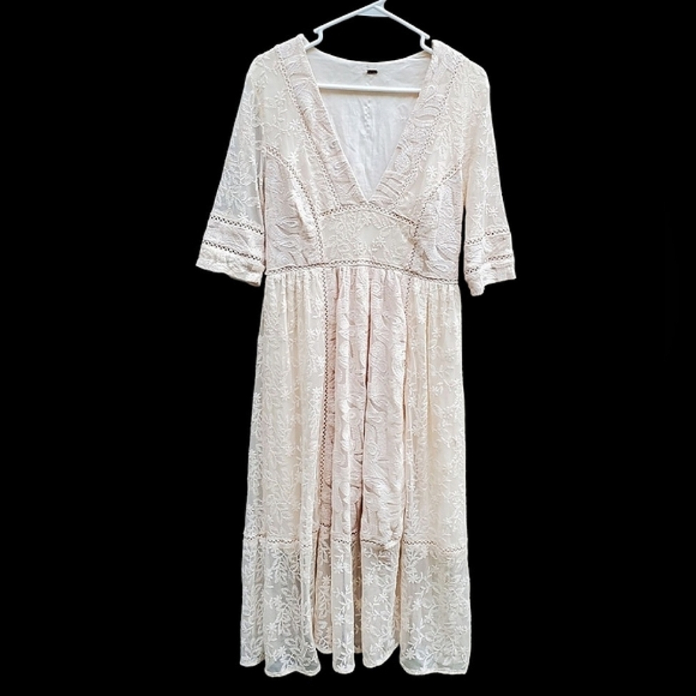 Free People Mountain Laurel Lace Midi Dress Almond/ Cream - 10 - Picture 4 of 9
